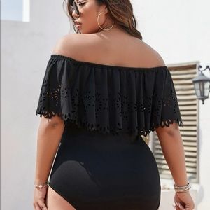 Plus off shoulder laser cut out ruffle trim bodysuit